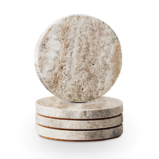 Natural Travertine Marble Coaster Set – Round Stone Coasters with Cork Backing (Set of 4)