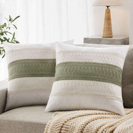 Boho Chic Soft Cotton Pillow Covers in Sage Green – Set of 2